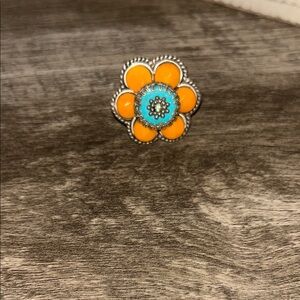 Vibrant Orange and Turquoise Flower Ring